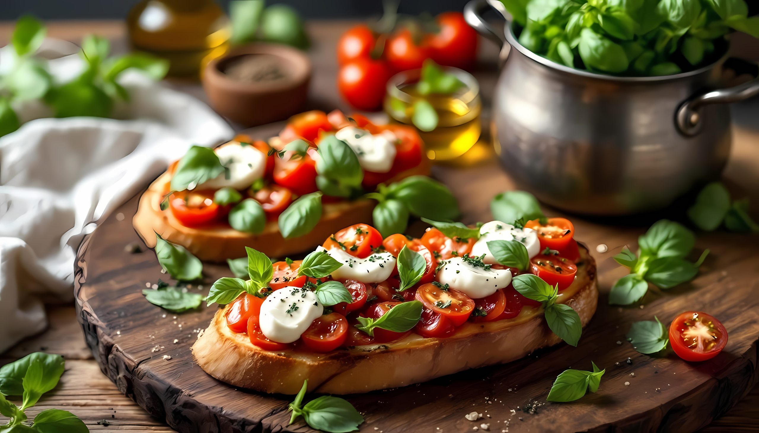 Delicious fresh bruschetta with tomatoes, mozzarella, and basil on a wooden board